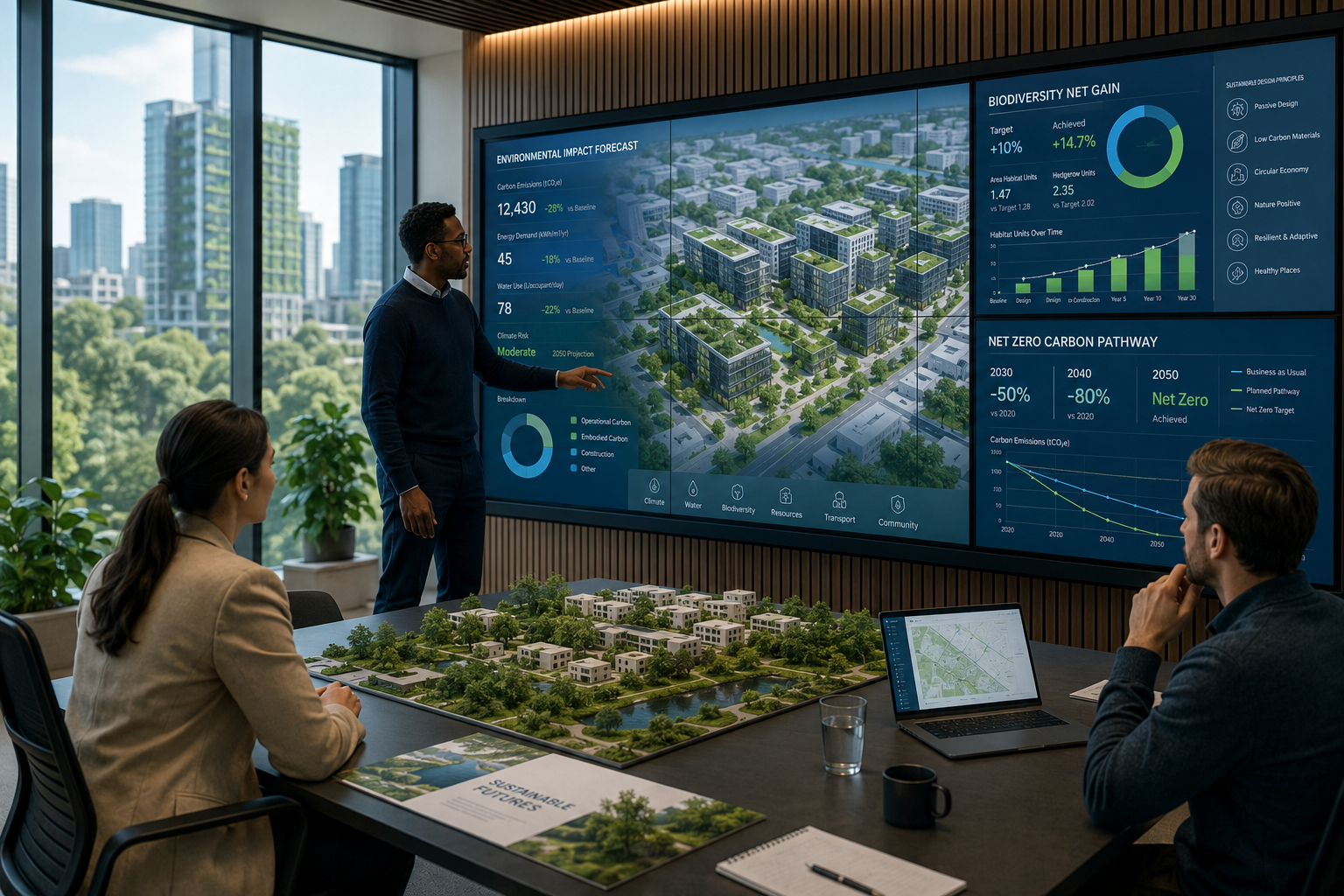 () wide-angle shot of a modern construction planning meeting room where three diverse professionals review large digital