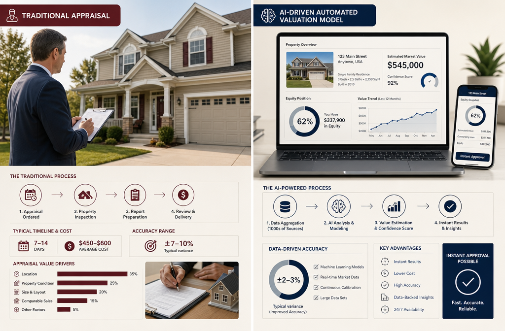 Infographic-style () showing a split-screen comparison: left side displays a traditional home appraisal scene with an