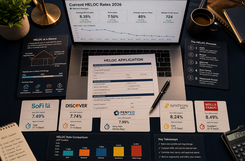 () showing a top-down flat-lay of five distinct lender brand cards arranged around a central HELOC application form on a