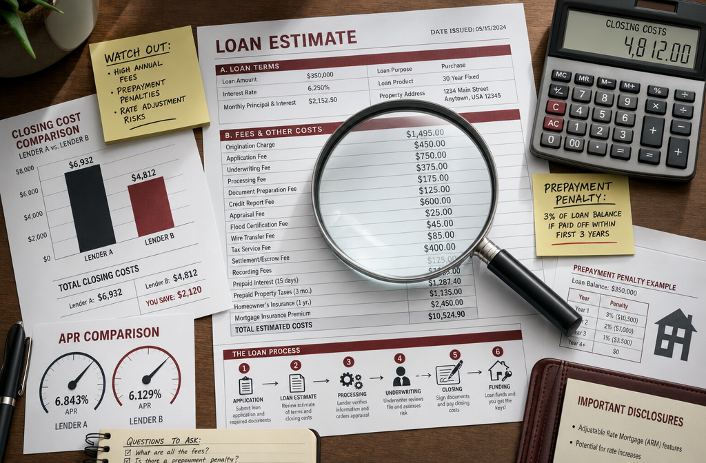 () showing a close-up of a financial advisor's desk with a magnifying glass over a loan document revealing hidden fee line