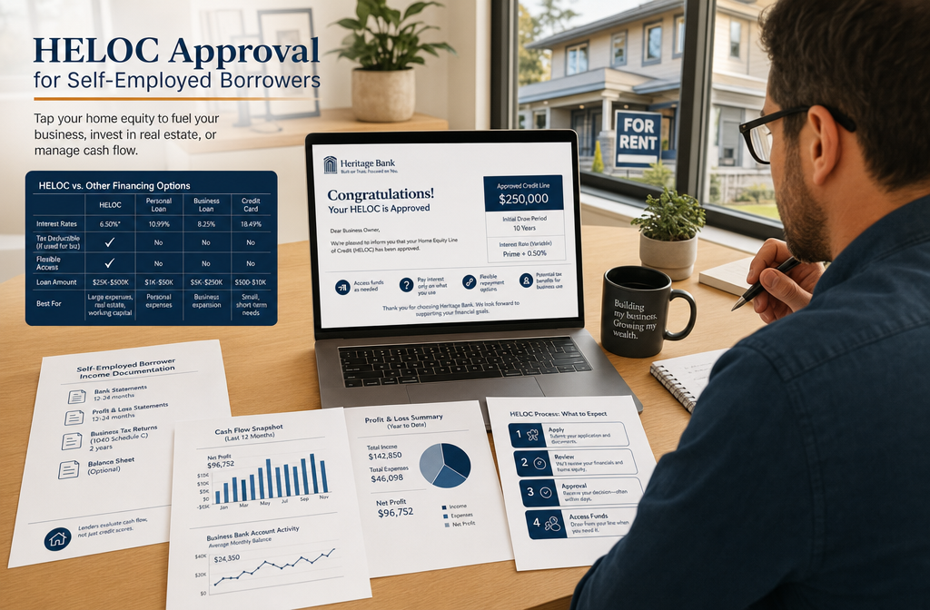 () showing a self-employed borrower at a modern home office desk reviewing a HELOC approval letter on a laptop, no W-2 tax