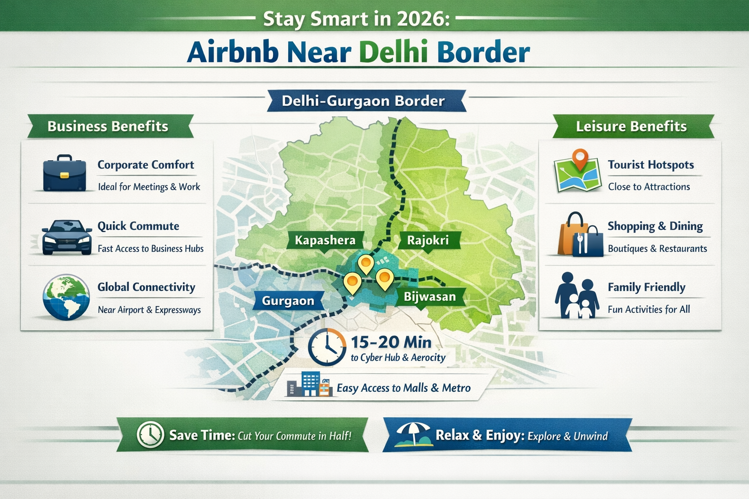 A detailed infographic illustrating the strategic advantages of choosing an Airbnb Near Delhi Border for both business and leisure travelers