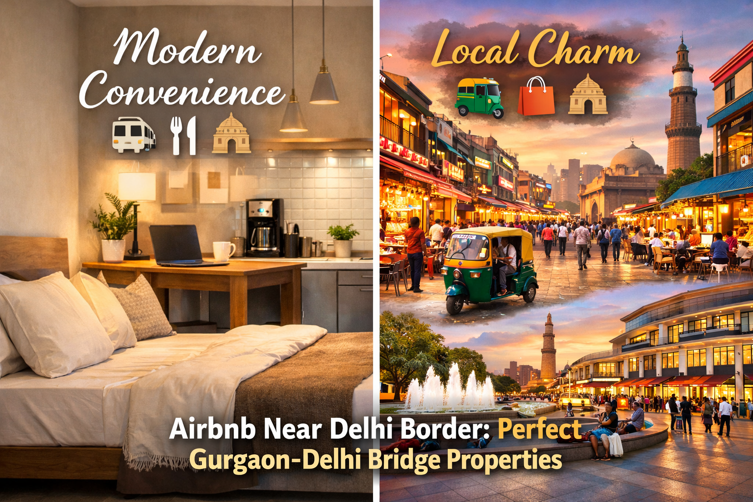 A split image composition, with one half showcasing a serene, well-appointed interior of an 'Airbnb Near Delhi Border: Perfect Gurgaon-Delhi