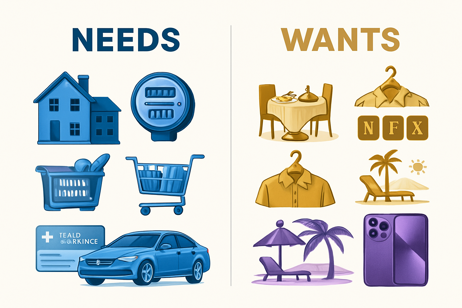 Detailed infographic illustration showing two distinct columns labeled 'NEEDS' and 'WANTS' in bold typography. Left column features realisti