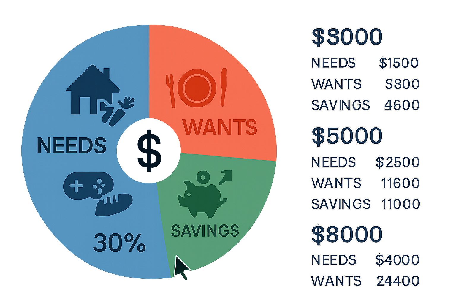 Modern editorial illustration of the 50/30/20 budgeting rule displayed as interactive pie chart with three distinct segments. Largest segmen