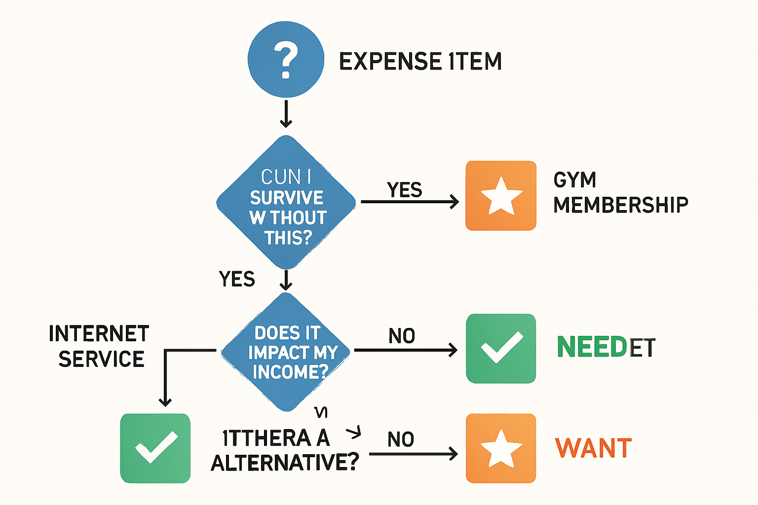 Conceptual decision-tree flowchart illustration showing the 3-question test framework for classifying expenses. Starting point at top shows 