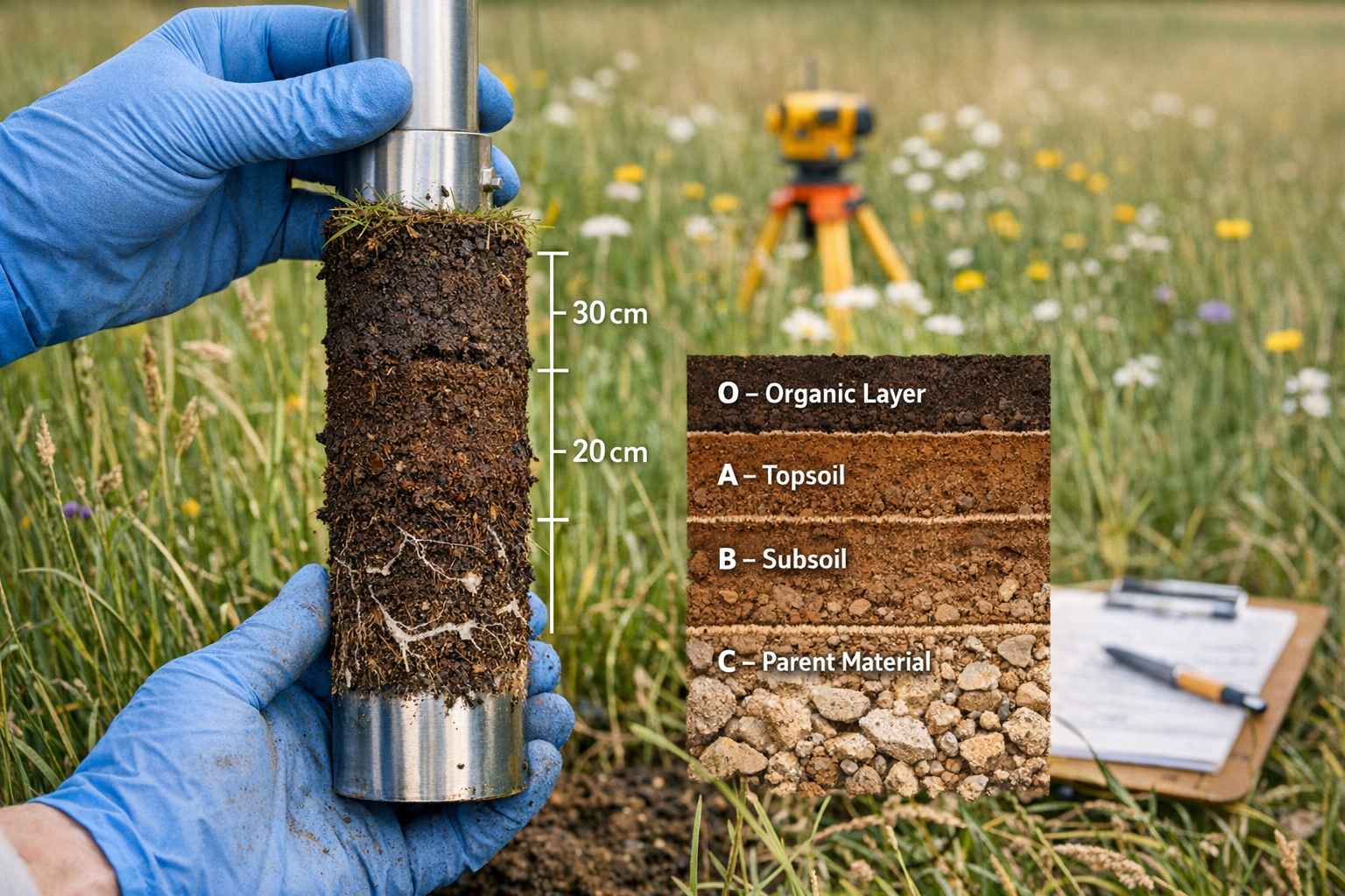 Detailed () editorial photograph showing close-up of scientist's gloved hands carefully extracting cylindrical soil core