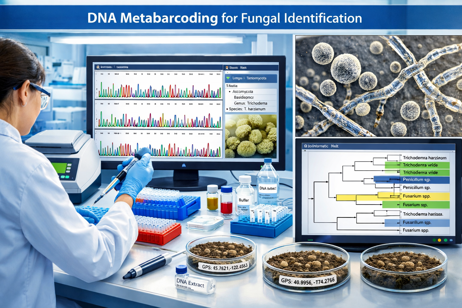 Detailed () scientific laboratory scene showing DNA metabarcoding workflow for fungal identification, PCR tubes in organized