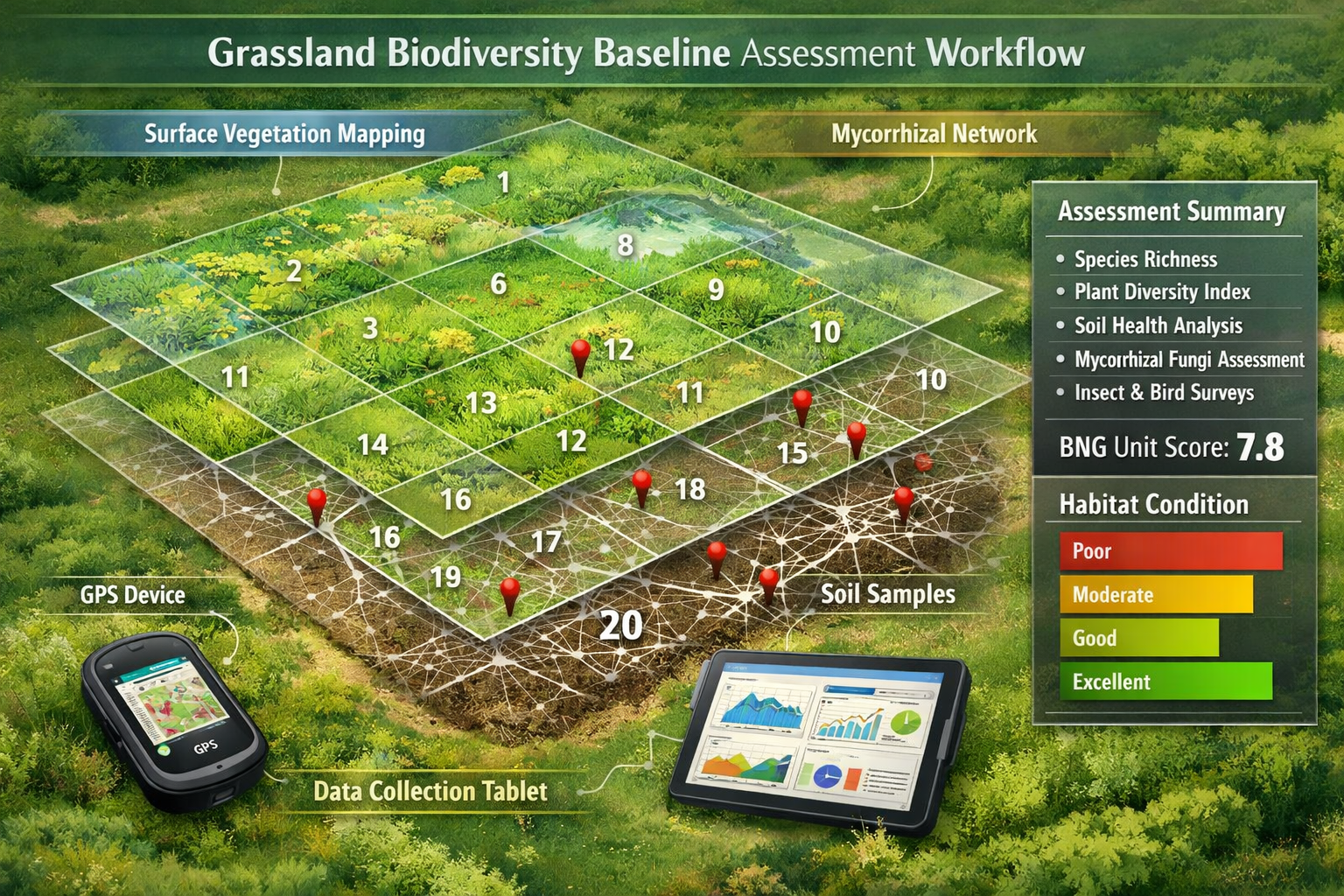 Detailed () professional infographic-style illustration showing comprehensive grassland biodiversity baseline assessment