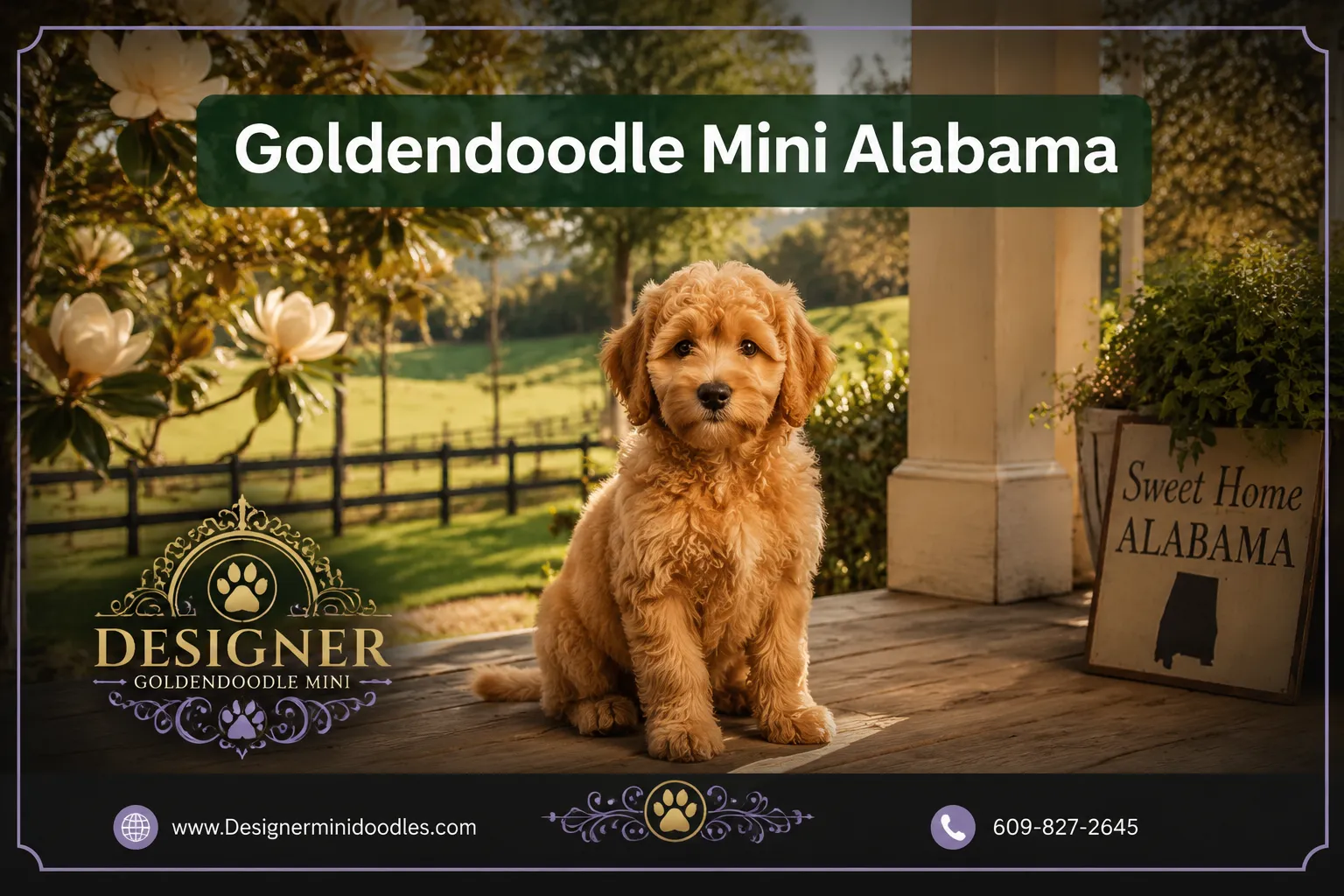 Professional () editorial hero image with 'Goldendoodle Mini Alabama' in crisp white on a semi-transparent forest-green