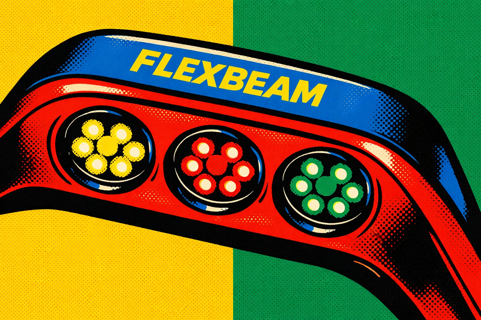 Digital illustration, graphic design style, Andy Warhol pop art style, bold colors, screen print effect, FlexBeam device close-up showing th