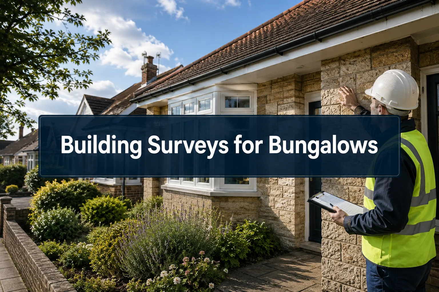 Professional () hero image with (≤42 chars): 'Building Surveys for Bungalows' in crisp white on a deep navy semi-transparent