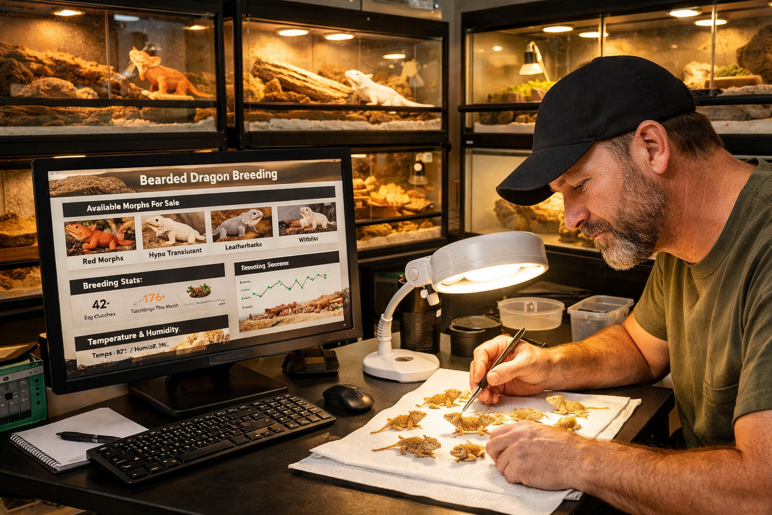 Detailed landscape image (1536x1024) showing professional bearded dragon breeding facility with multiple glass terrariums containing various