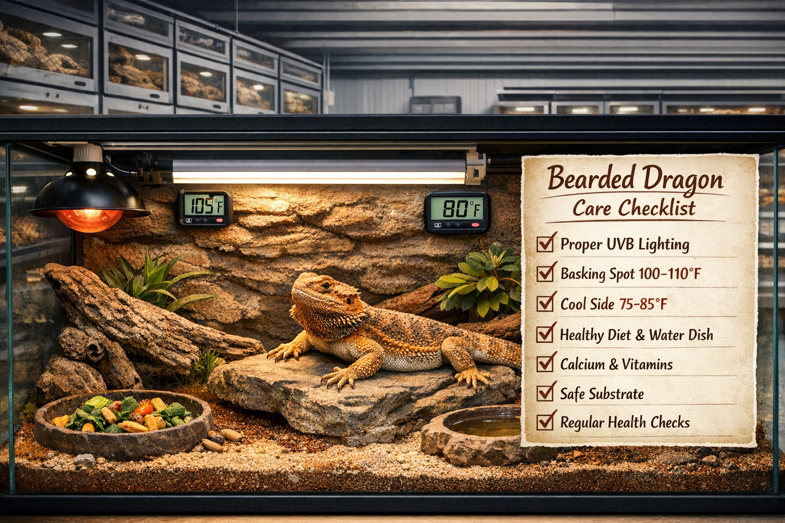 Detailed landscape image (1536x1024) featuring professional bearded dragon care setup with proper terrarium, UVB lighting, temperature gradi
