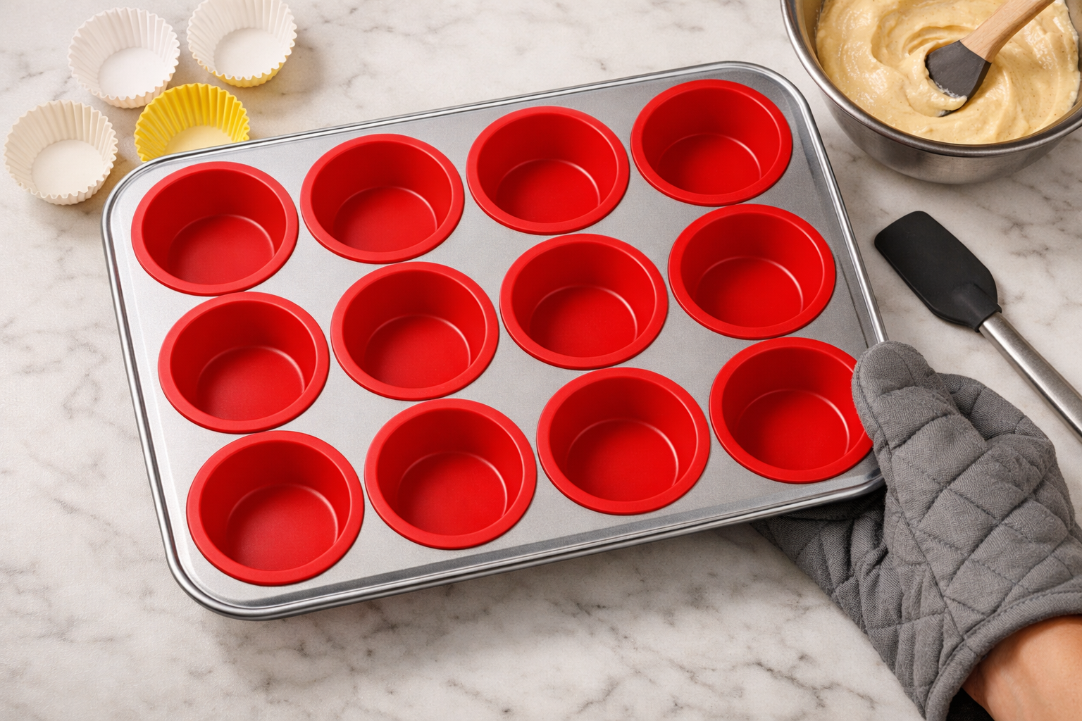 image showing a close-up overhead flat-lay of a 12-cup silicone muffin pan with metal reinforced frame on a white marble countertop. The silicone cups are bright red, the silver metal frame is clearly visible around the perimeter. One hand in a kitchen mitt is shown lifting the pan from an oven. Scattered around the pan are cupcake liners, a spatula, and a mixing bowl with batter. Warm studio lighting, clean food photography style, sharp product detail focus, professional baking context.
