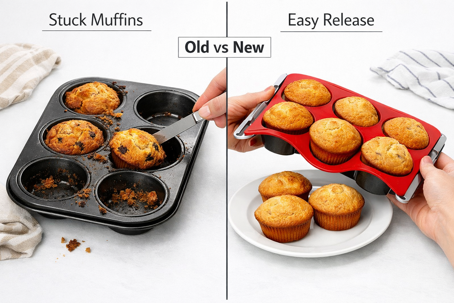 Landscape format (1536x1024) editorial comparison image showing two side-by-side scenes: on the left, a traditional dark metal muffin tin with stuck muffins being pried out with a knife; on the right, a flexible silicone muffin pan with metal frame being gently bent, with perfectly shaped muffins popping out effortlessly onto a white plate. Center dividing line with label 'Old vs New'. Bright overhead lighting, clean white background, professional food styling, crisp product photography, informational infographic aesthetic with subtle text labels.