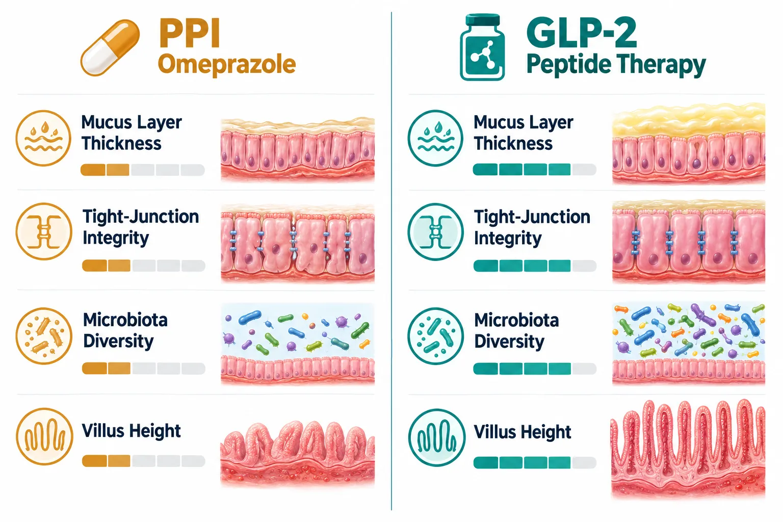 GLP-2 Mechanisms Compared to Acid Suppression