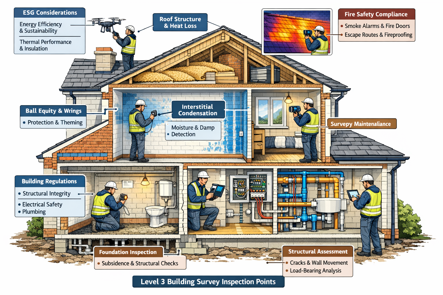 Comprehensive landscape format (1536x1024) technical illustration showing cross-section of UK residential property with Level 3 building sur
