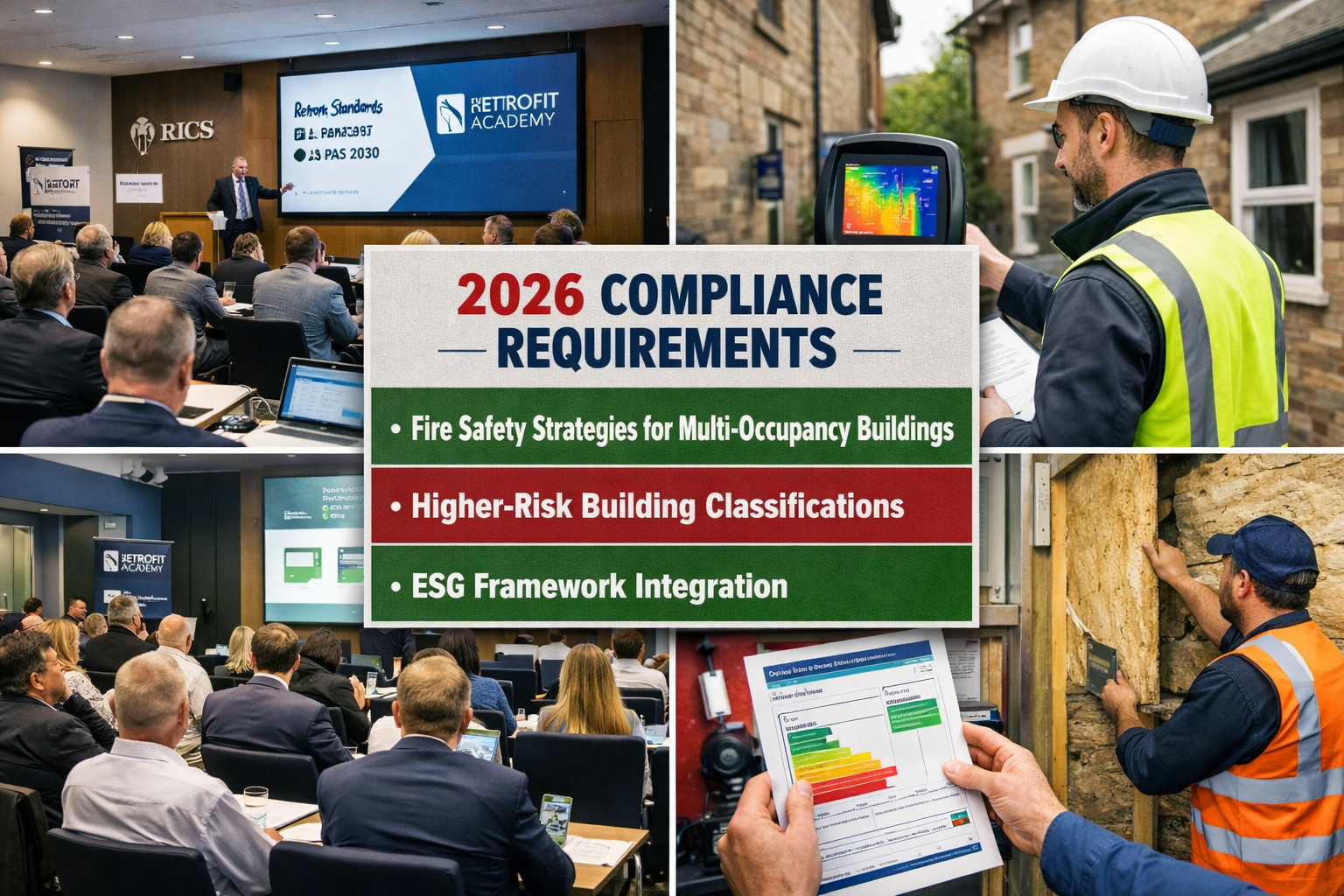 Modern landscape format (1536x1024) composite image showing Quality in Retrofit Summit concept with split-screen design. Left side displays