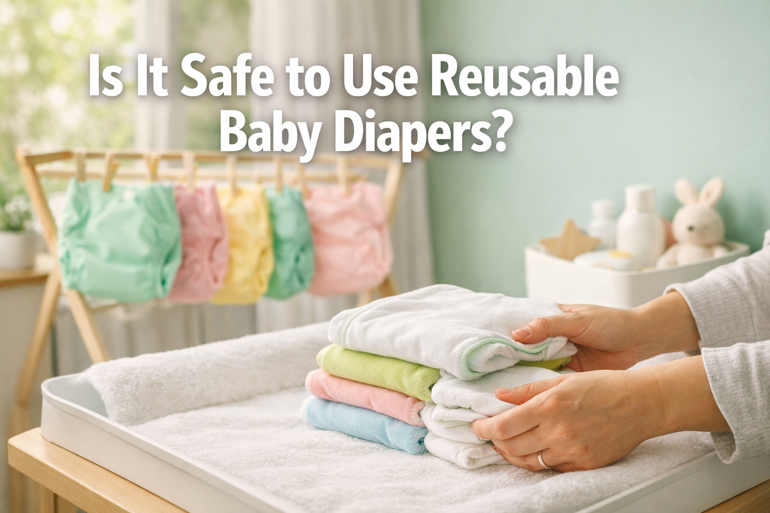 Professional landscape hero image (1536x1024) featuring bold text overlay 'Is It Safe to Use Reusable Baby Diapers?' in extra large 70pt whi