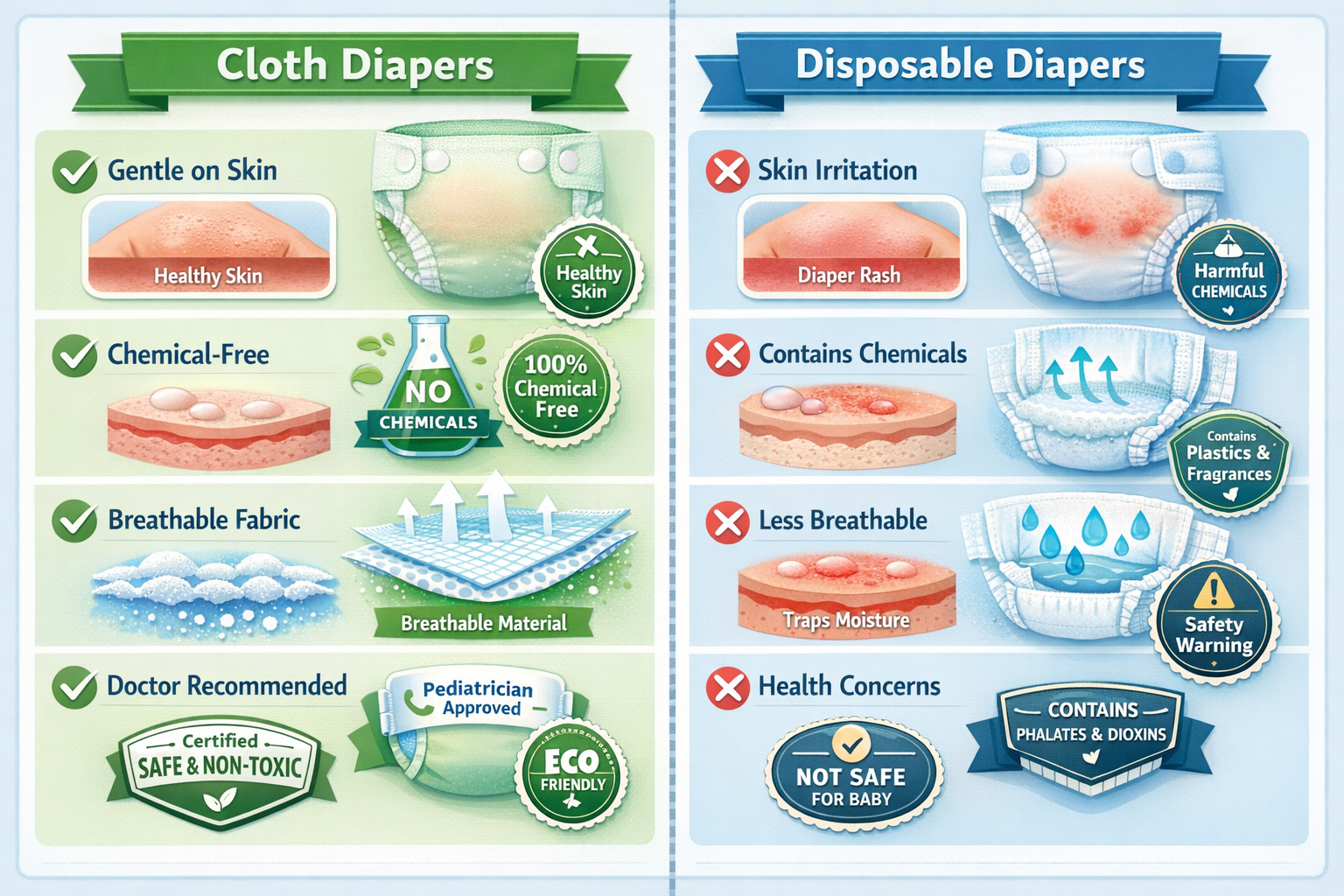 Detailed infographic showing safety comparison between cloth and disposable diapers, split-screen layout with checkmarks and safety icons, b