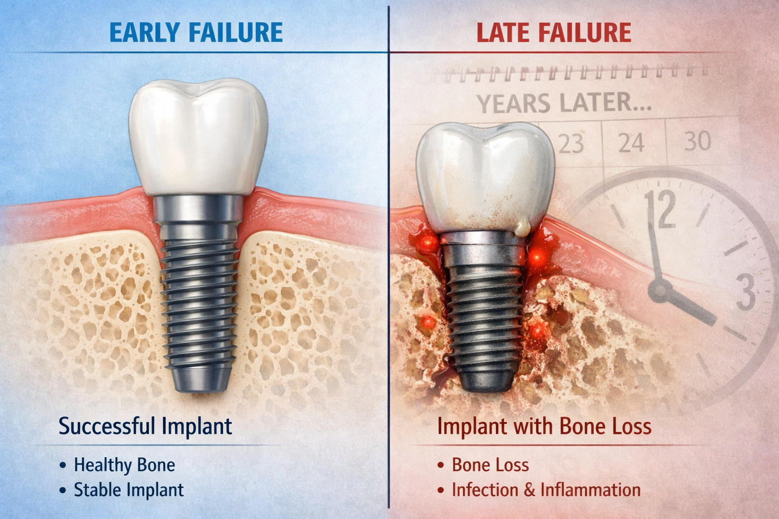 What happens if a dental implant falls out or fails years later