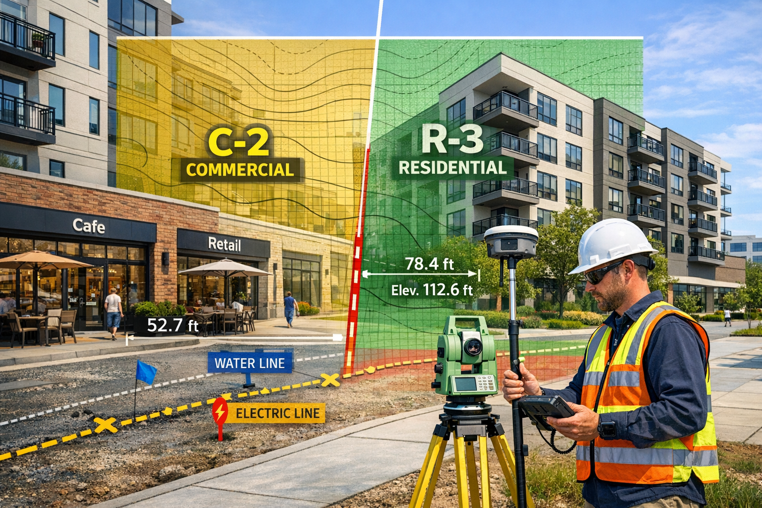 Detailed landscape format (1536x1024) image showing professional surveyor conducting boundary survey at mixed-use development site with mode