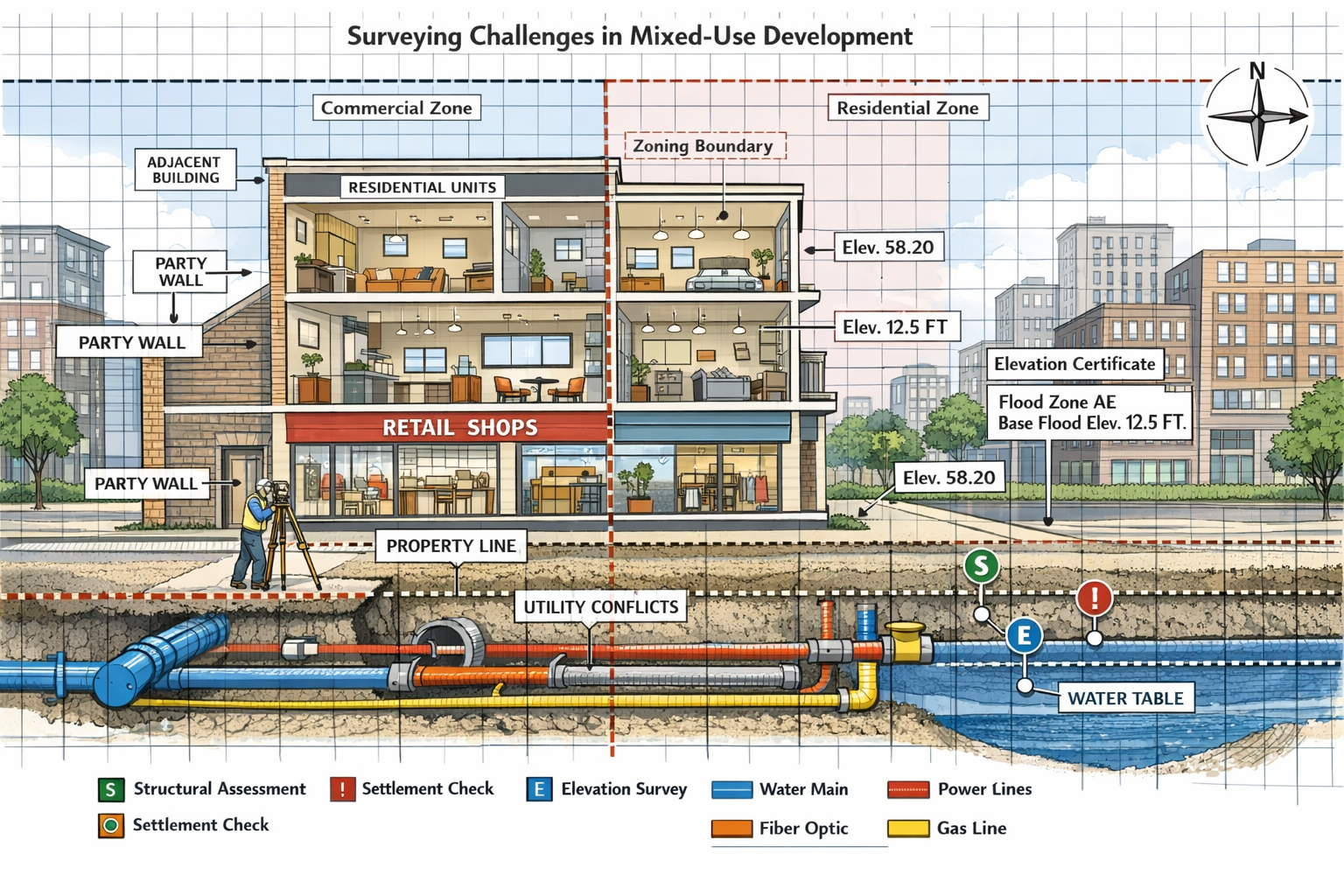 Detailed landscape format (1536x1024) technical illustration of surveying challenges in mixed-use development showing cutaway building view