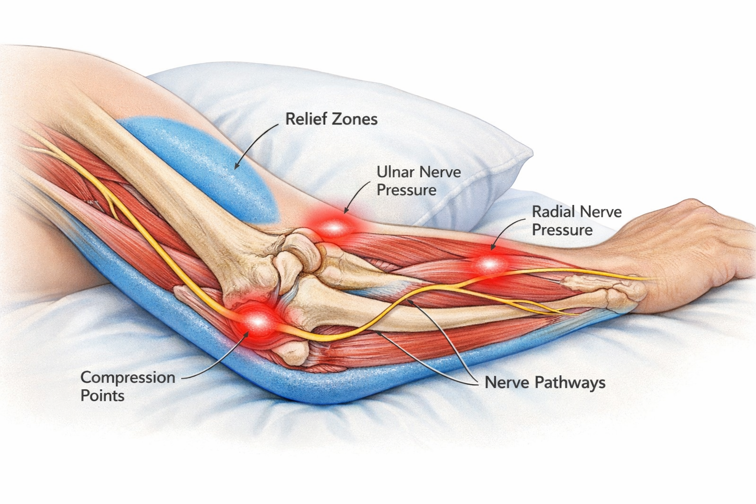 () medical illustration showing a cross-section view of an arm and elbow joint during sleep, highlighting pressure points