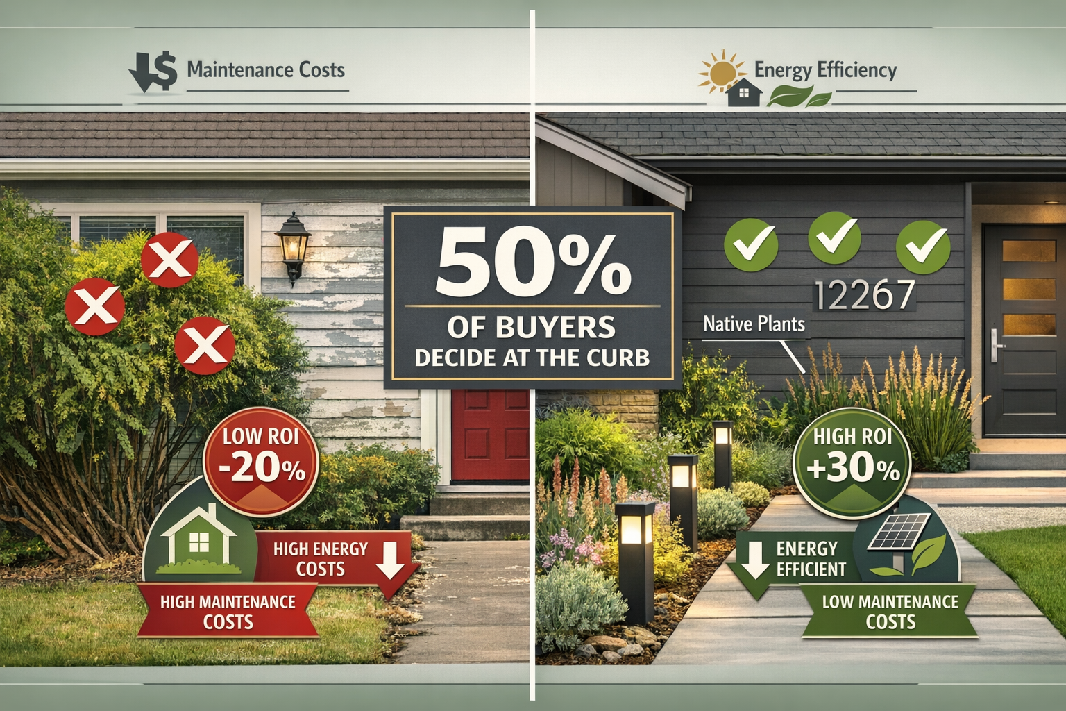 () detailed infographic showing 2026 exterior design trends impact on property values. Split-screen comparison: left side