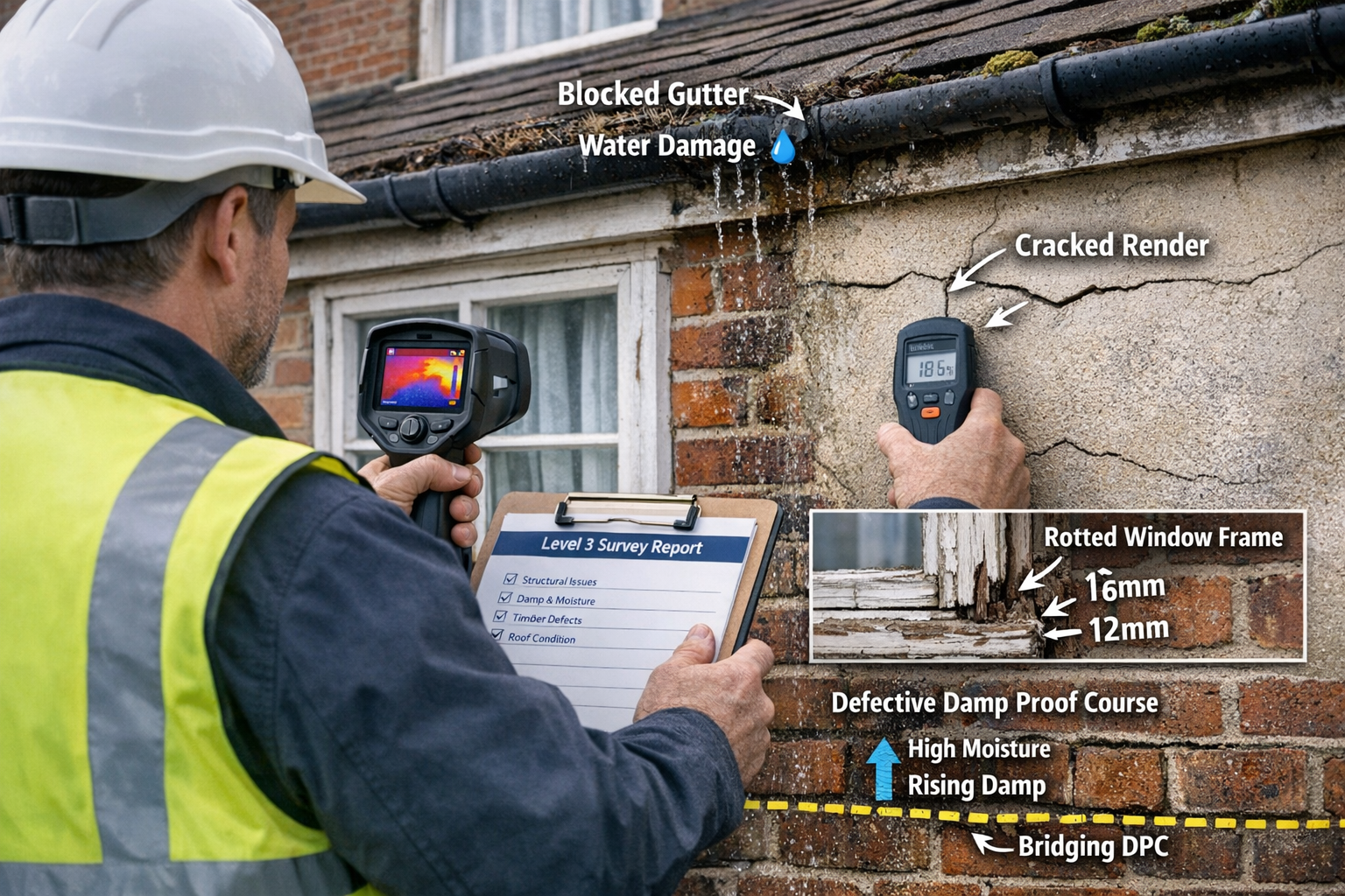 () close-up detailed scene of chartered surveyor conducting Level 3 building survey exterior inspection. Surveyor wearing