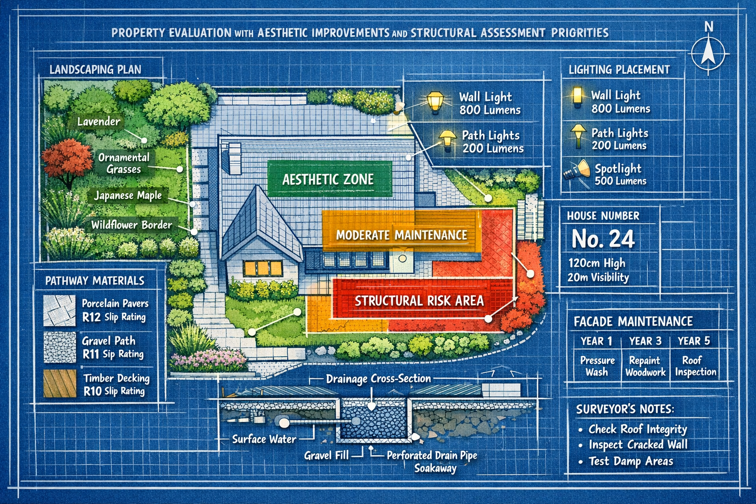 () comprehensive visual guide showing integration of aesthetic improvements with structural assessment priorities. Overhead