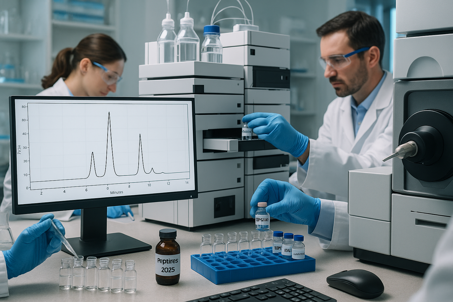 A highly detailed laboratory scene demonstrating peptide purity testing using High-Performance Liquid Chromatography (HPLC). The image shoul