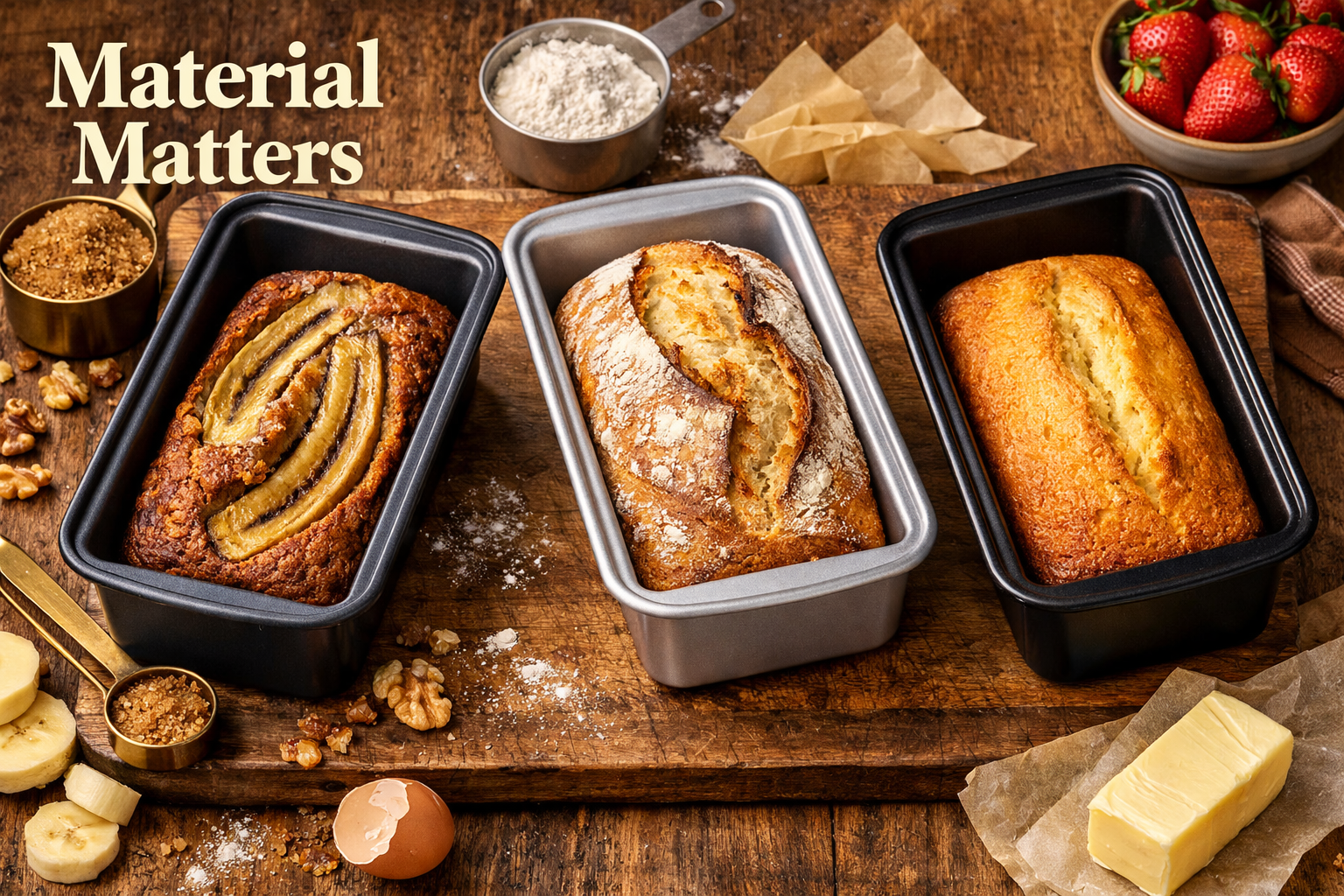 showing three Chefmade loaf pans in different finishes - carbon steel with non-stick coat