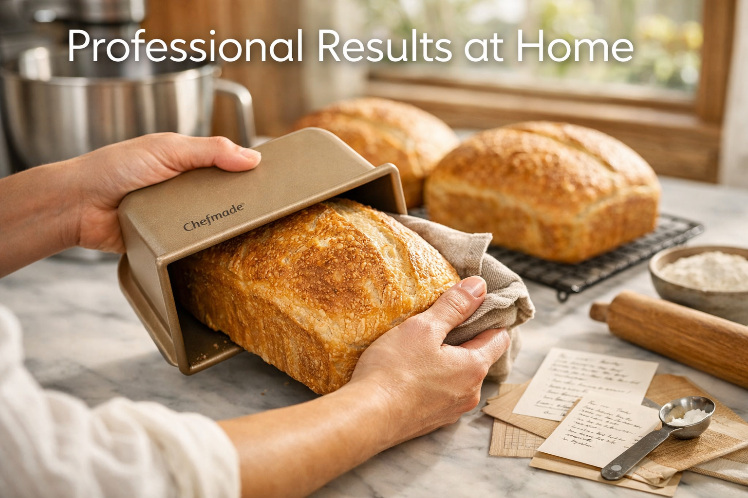 depicting home baker's hands removing perfectly risen artisan bread from Chefmade loaf pan with ease, 