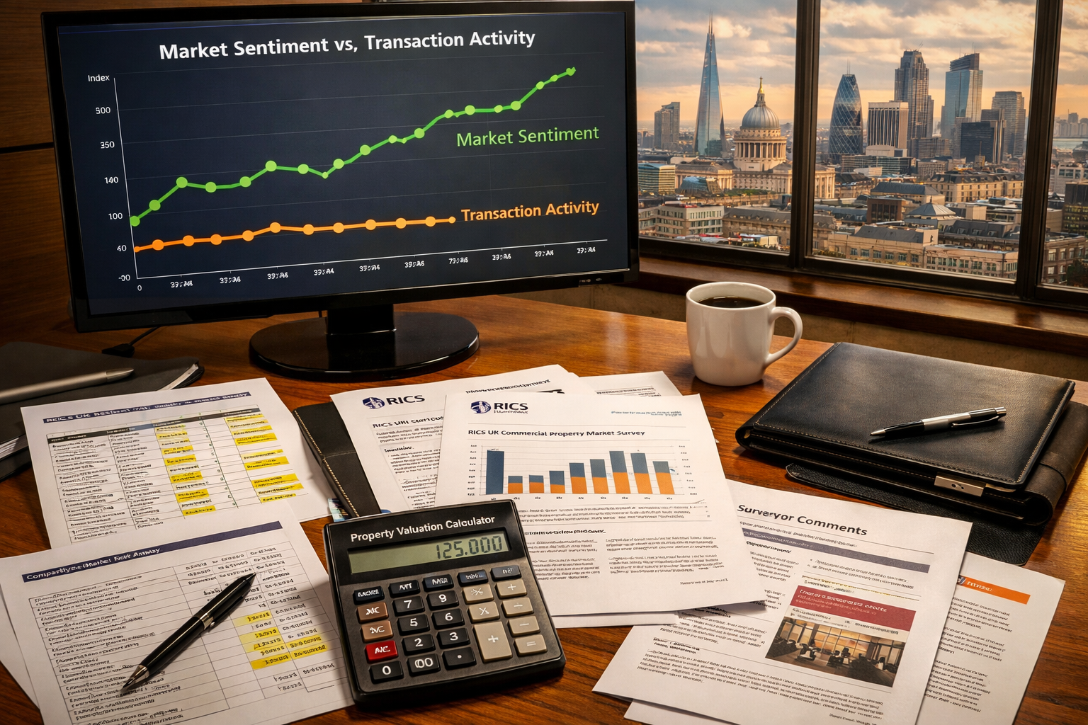 Detailed () image showing professional surveyor's workspace with multiple data sources displayed: large monitor showing