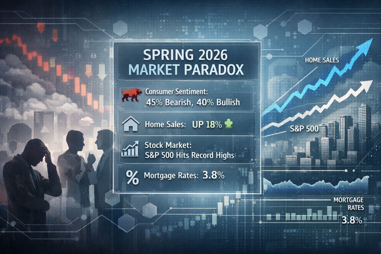 Editorial-style infographic visualizing the Spring 2026 Market Paradox, featuring a split-screen landscape composition ().