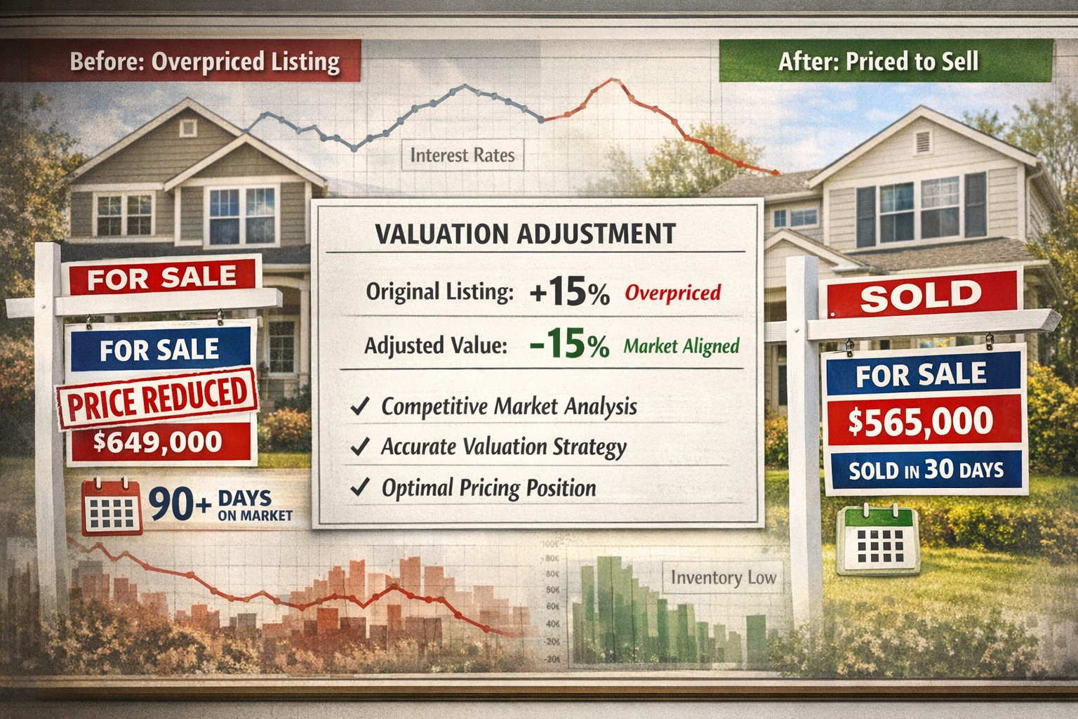 Detailed () image showing before-and-after valuation scenario: split composition with left panel displaying overpriced