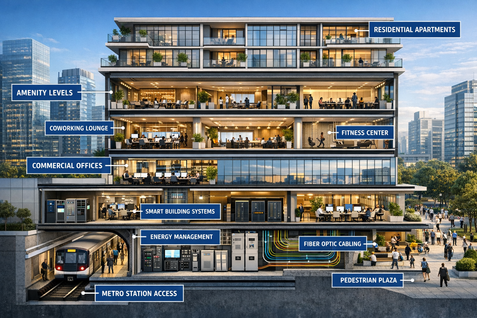 Detailed () architectural visualization showing mixed-use development concept in São Paulo financial corridor: cross-section