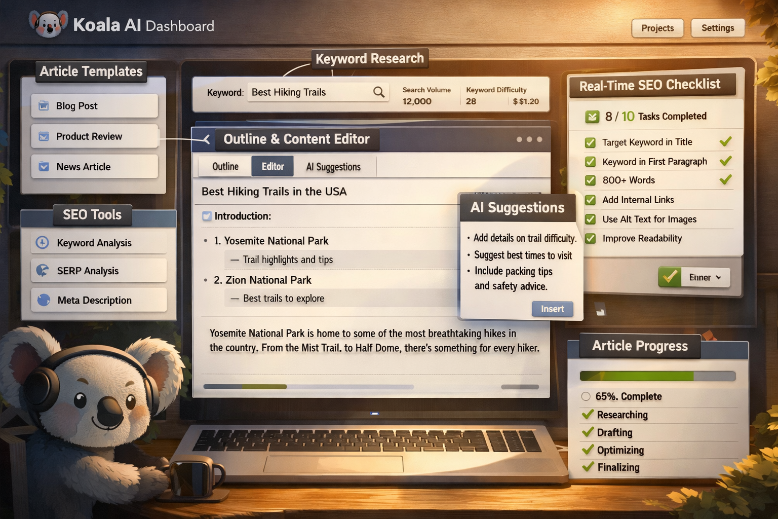 Detailed landscape image (1536x1024) showing Koala AI's user interface dashboard with content creation workflow, featuring clean modern desi
