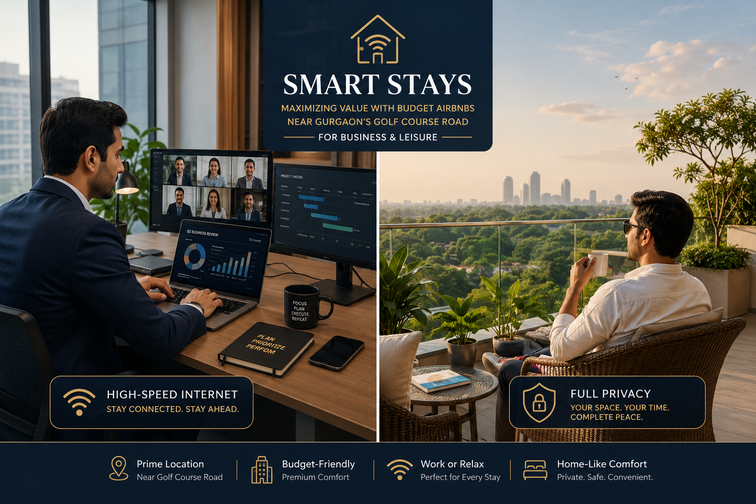 () image depicting a split-screen view. One side shows a busy professional working efficiently at a modern desk with a