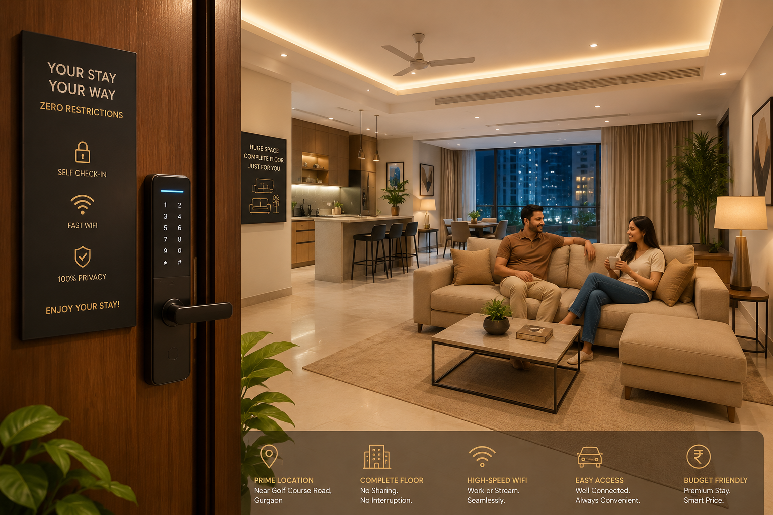 () image showcasing a fully automated, private Airbnb entrance with a smart lock and a welcoming ambiance. Inside, a