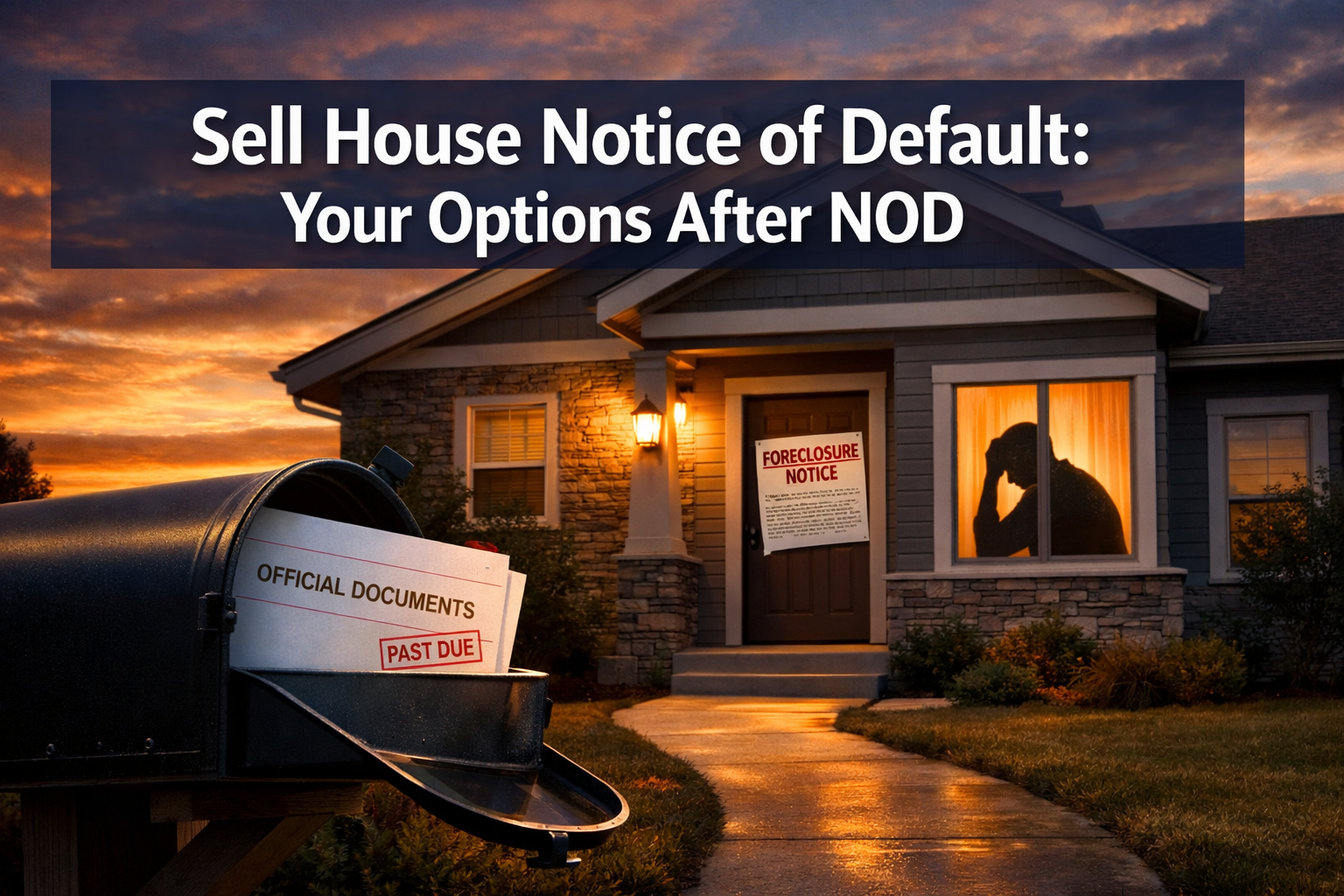 Professional landscape format (1536x1024) hero image featuring bold text overlay 'Sell House Notice of Default: Your Options After NOD' in e