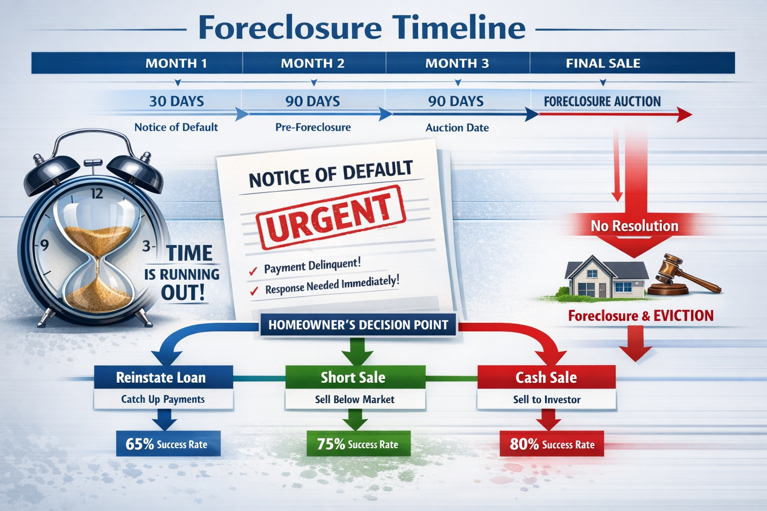 Landscape format (1536x1024) detailed infographic showing foreclosure timeline with Notice of Default as highlighted milestone. Visual displ