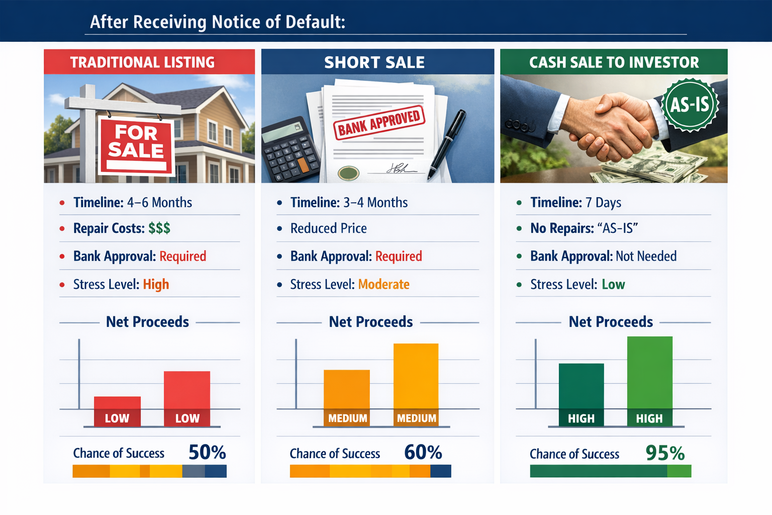 Landscape format (1536x1024) professional comparison chart showing three distinct paths after receiving Notice of Default: traditional listi