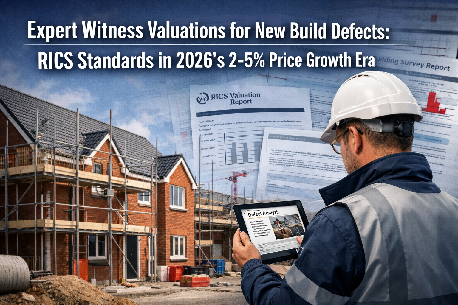 Professional () hero image with 'Expert Witness Valuations for New Build Defects: RICS Standards in 2026's 2-5% Price Growth