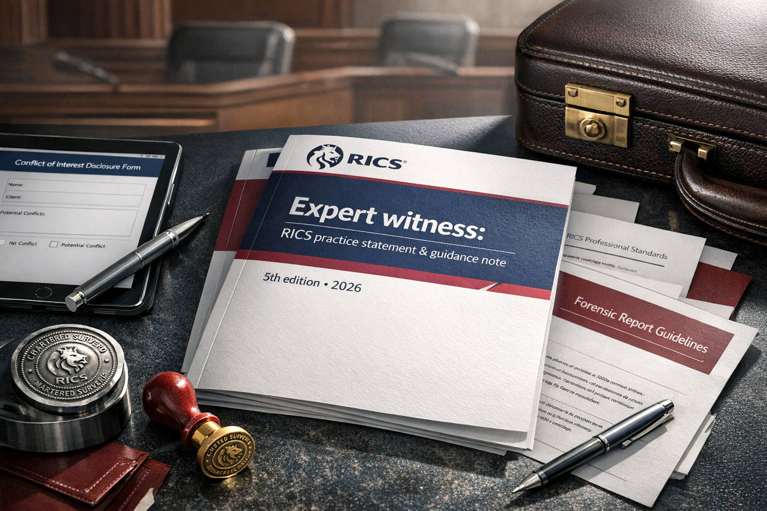 Detailed () image showing close-up of RICS professional standards documentation and expert witness guidelines spread across
