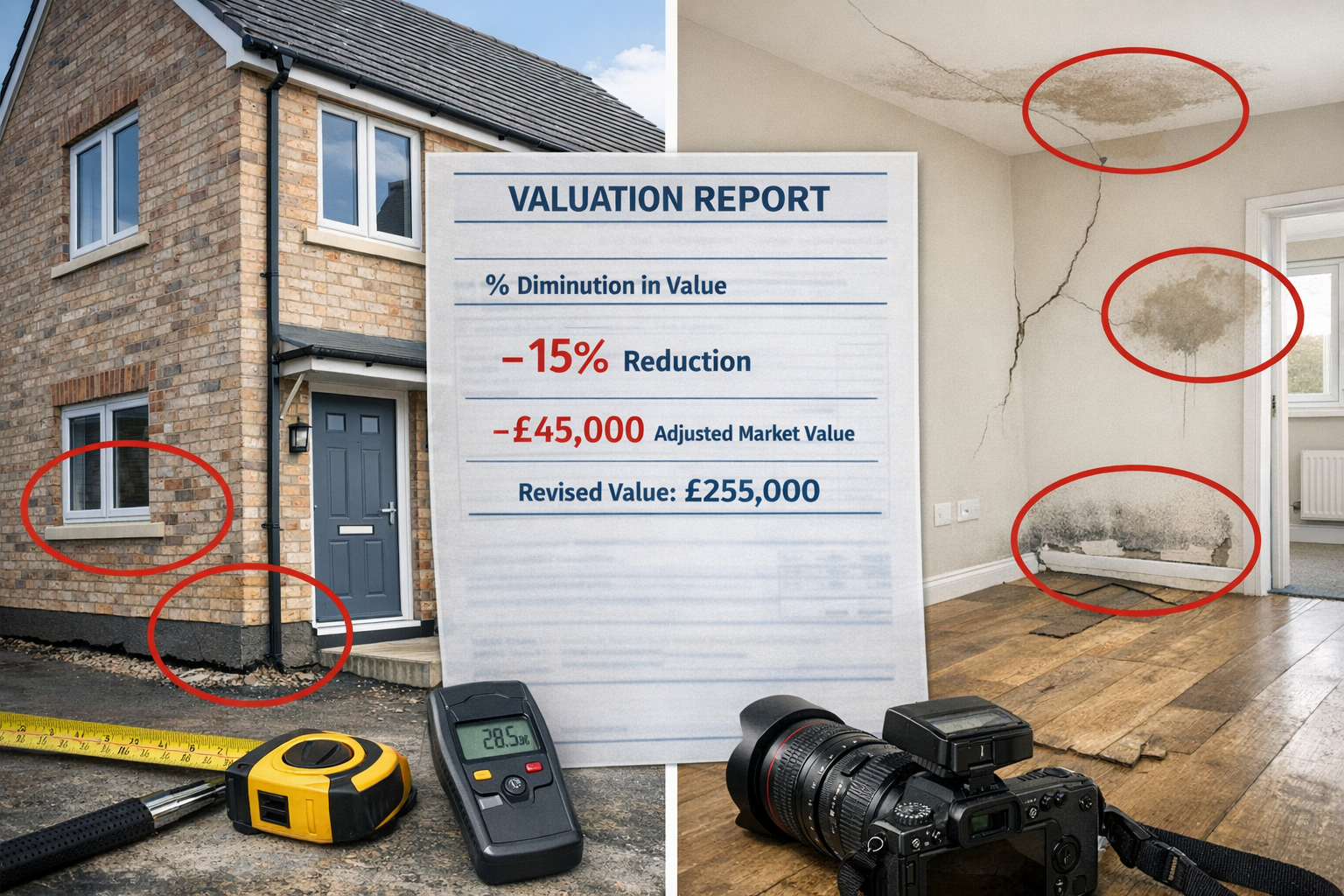 Detailed () image depicting split-screen comparison of new build property defects. Left side shows exterior view of modern