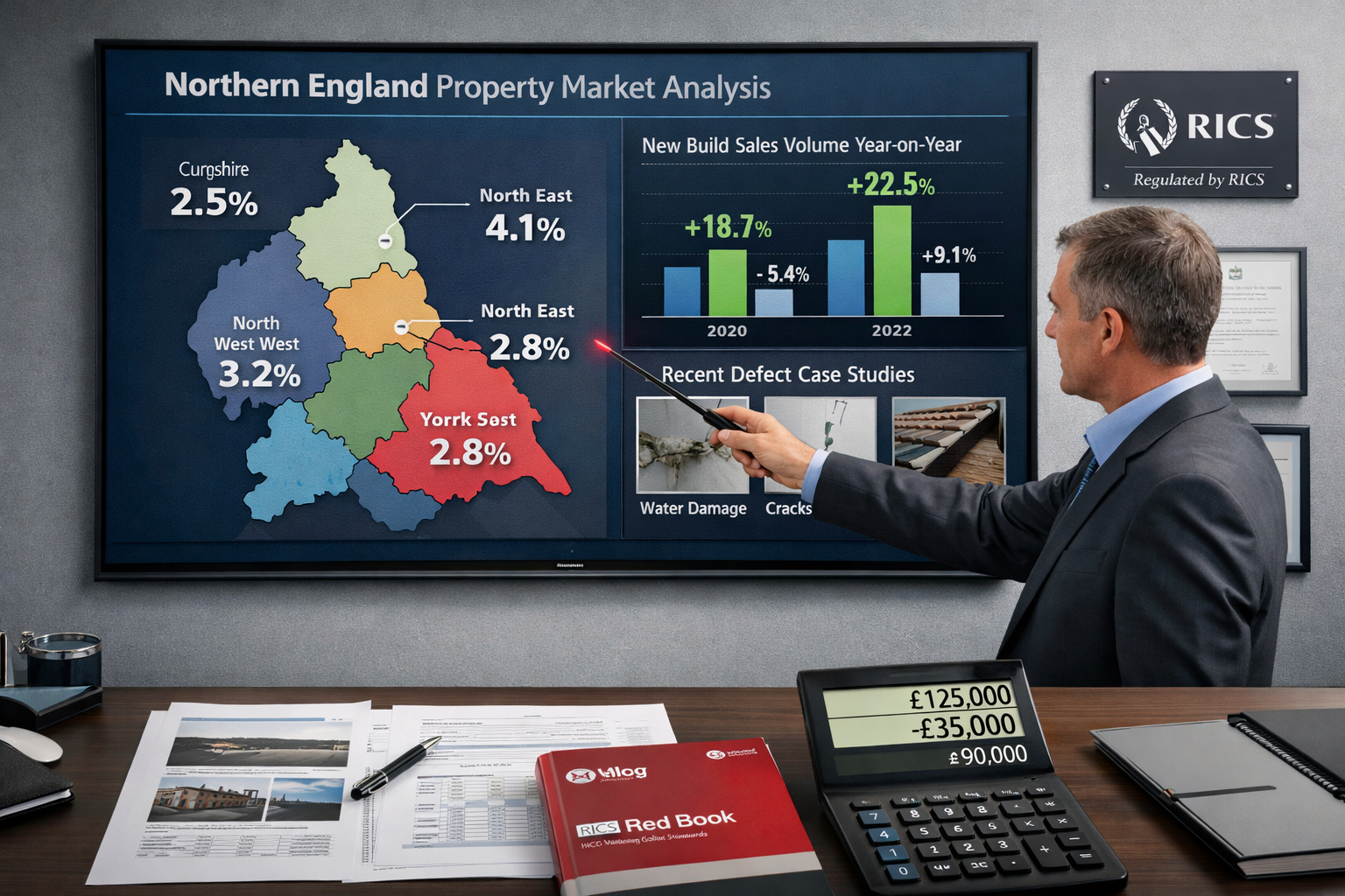 Detailed () image showing Northern England property market analysis dashboard on large wall-mounted screen in modern