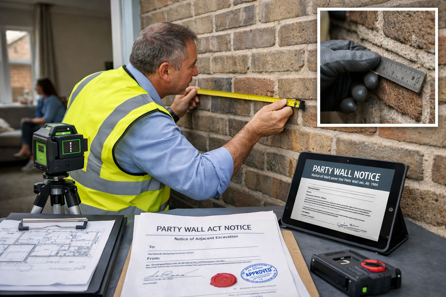 Detailed () editorial image showing professional party wall surveyor in high-visibility vest conducting pre-work inspection